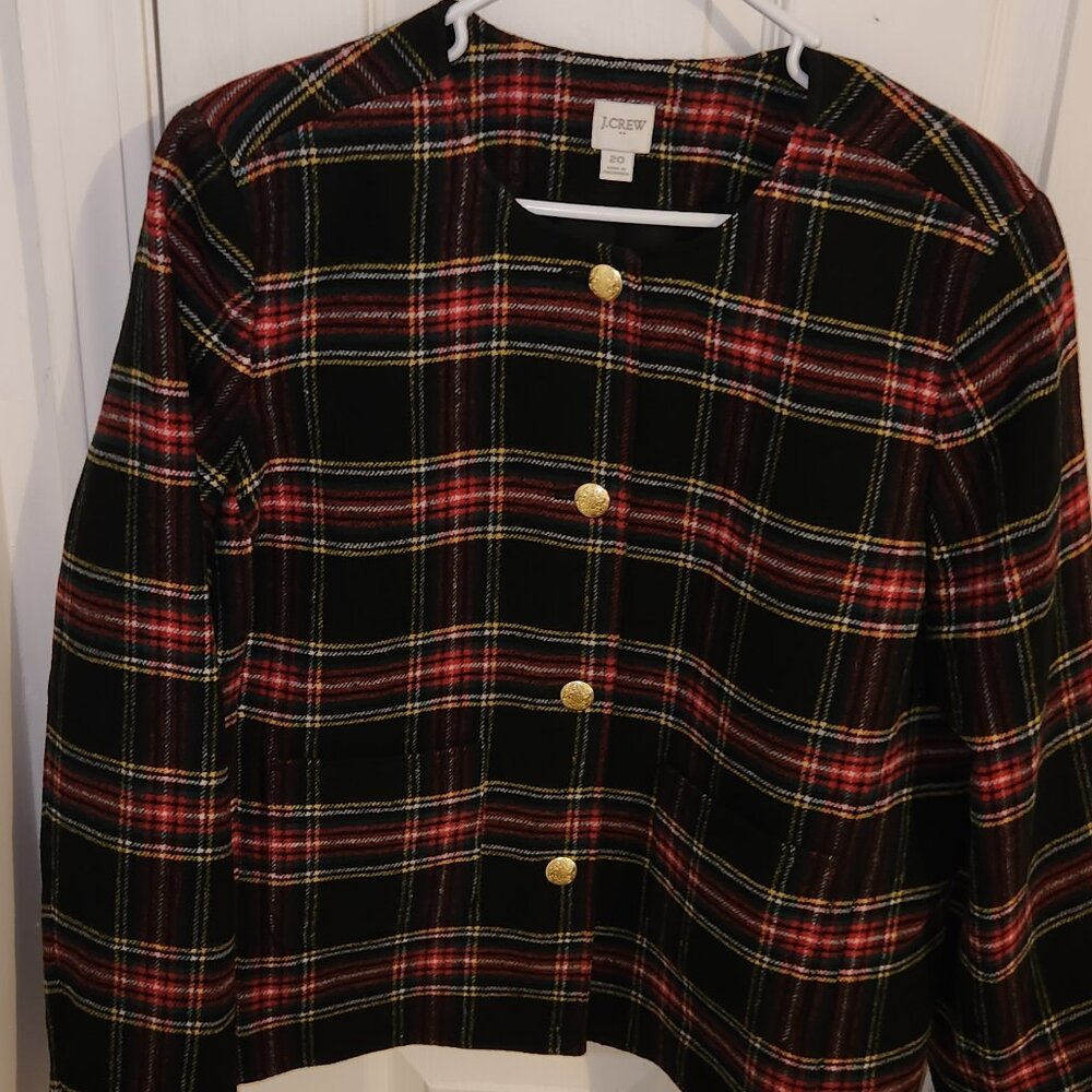 EUC J Crew Blazer Holiday Black Red Yellow Plaid Collarless Size 20 Gold Buttons